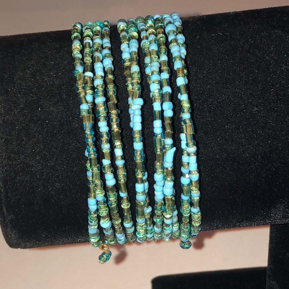 Turquoise and Green Seed Bead Beaded Boho Wrap Bracelet